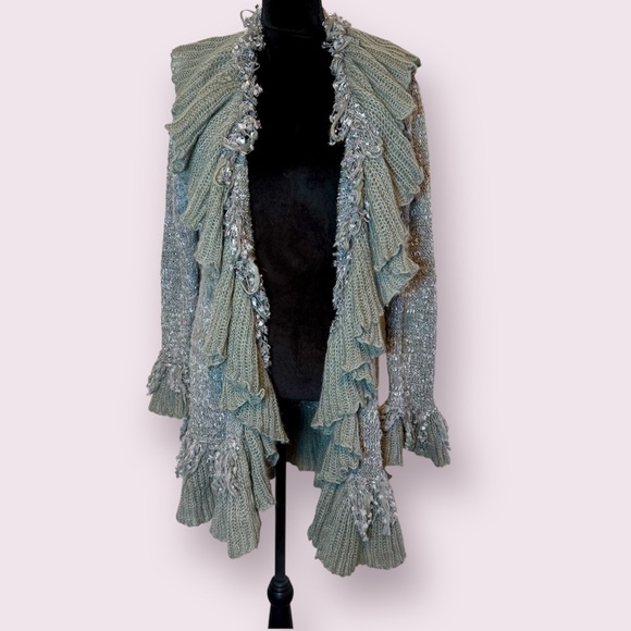 Sioni Sweaters - Sioni Studio Ruffle Fairycore Long Cardigan Duster Sweater Gray Size Large